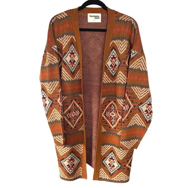 Savanna Jane Southwestern Sweater Brown Coastal Cowgirl Pattern Cardigan Large - Image 3