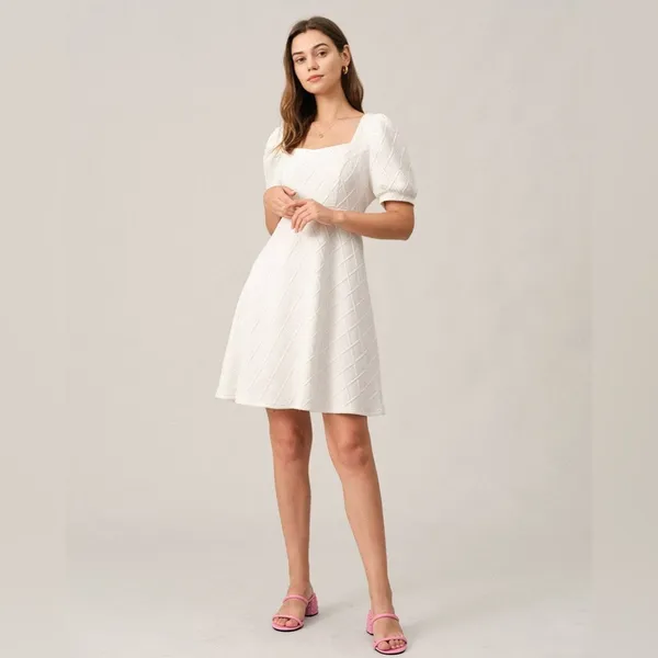 Rihoas The Solid Textured Puff Short Sleeve Mini Dress Square Neck White Size L‎ - Image 14
