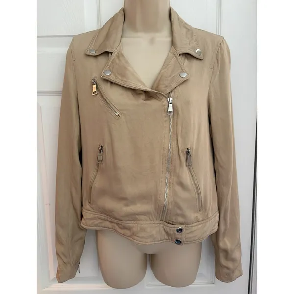 Elie Tahari Moto Jacket Beige Stretch Zip Cropped Womens S Biker Luxury - Image 2