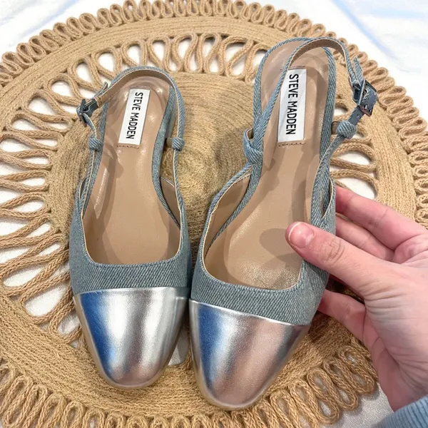 Steve Madden Belinda Adjustable Buckle Sling Back Flats Denim Silver Size 6 - Image 2