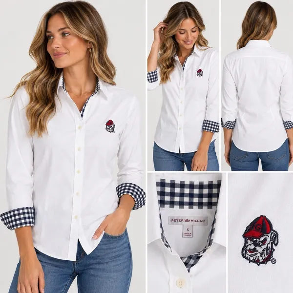 peter millar georgia bulldogs flip cuff button up womens Gingham - Image 2