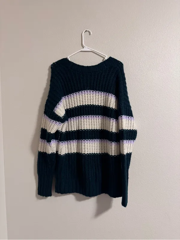 NWT AERIE Striped Crewneck Sweater in Black, Cream & Lavender - Image 3