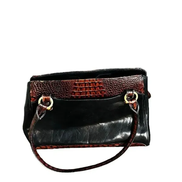 Vintage BRAHMIN Tuscan Black Leather Brown Croc Leather Trims Bucket Bag - Image 3