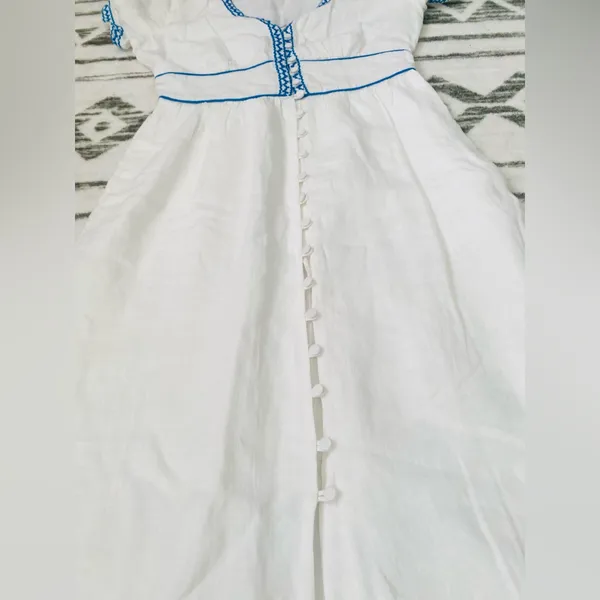 J.Crew White 100% Linen Embroidered Midi Dress Blue Ric Rac Button Front Size 2 - Image 9
