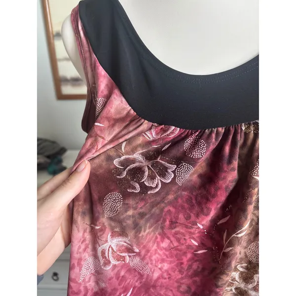 Only 9 Tank‎ Top Women Large Burgundy Excellent Floral Animal Print Shimmer - Image 3