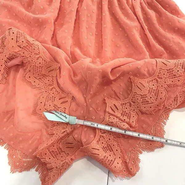 NWT Lulus Meadowlake Coral‎ Orange Swiss Dot Lace Bell Sleeve Romper Size SMALL - Image 9