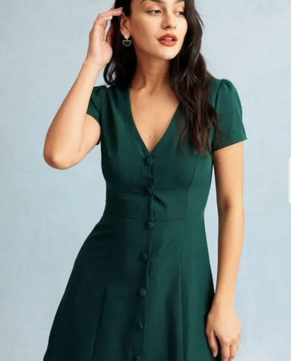 RIOHAS The Dark Green V Neck Button-up Shirt Mini Dress - Image 5
