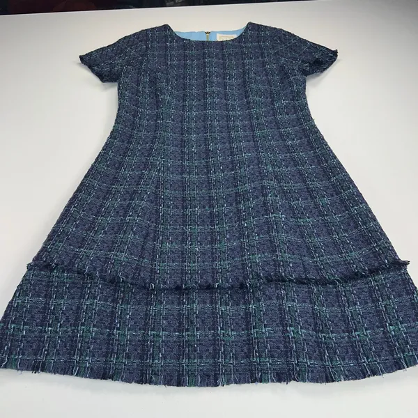 Sail to Sable Tweed Short Sleeve Shift Dress Tiered Hem Navy Blue/Green Size 6 - Image 13