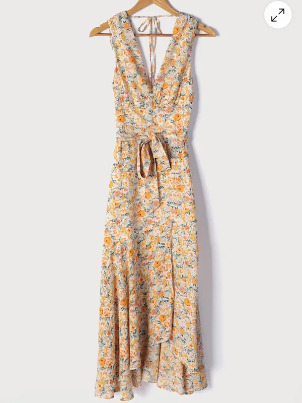 Lulus Watching the Blooms Yellow Floral Print High-Low Midi Dress - Image 2