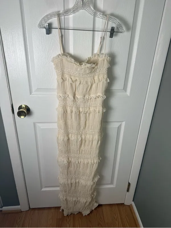 House of CB Solana Ivory Sequin Pleat Maxi Dress S - Image 3
