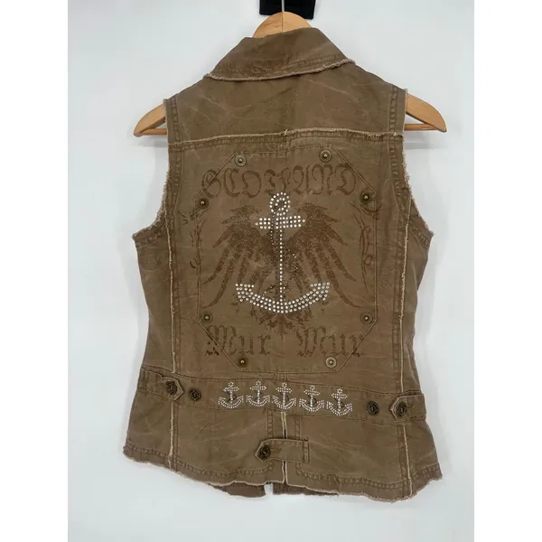 MURMUR Vest Women M Brown Moto Rhinestone Anchor Studded Y2K Utility Gorpcore - Image 5