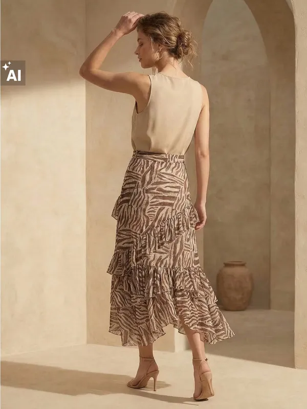 Sinsay Beige Zebra-Print Tiered Ruffle Asymmetrical Midi Lined Skirt Size XL - Image 3