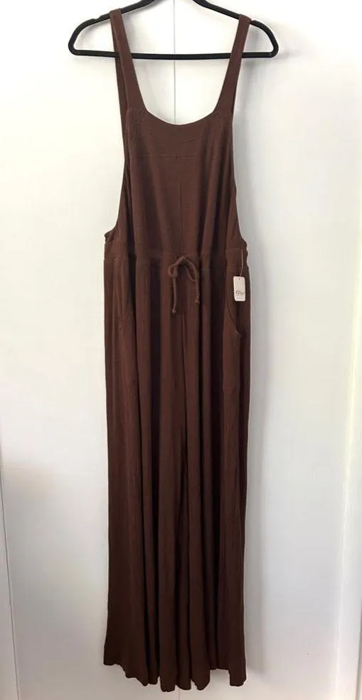 Free People Beach Wide Leg Overalls With Waist Tie Chocolate Brown NWT - Image 2