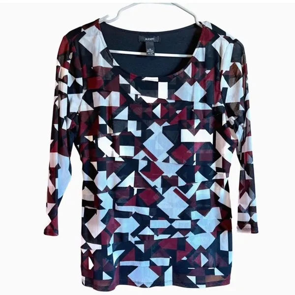 Alfani Geometric Artsy Print Medium Top Burgundy Black & White Flattering‎ - Image 2