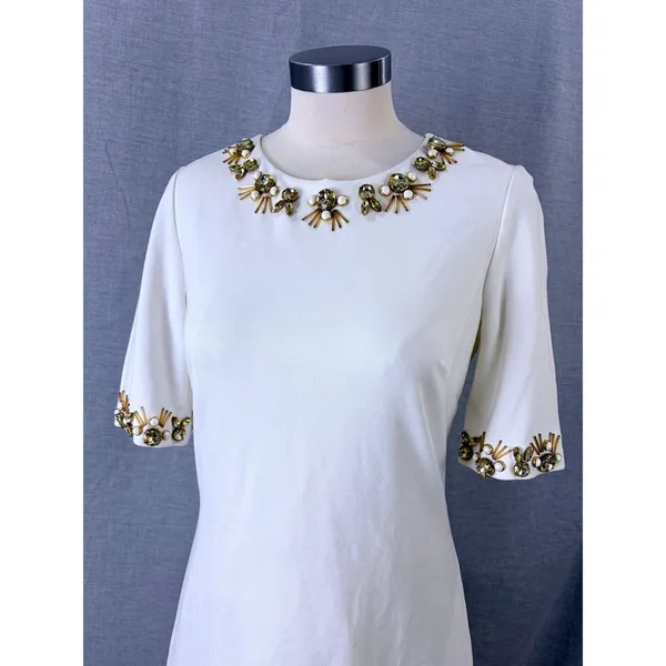 Eliza J‎ Ivory Jewel Embellished Shift Dress Gold Beaded Neckline Size 8 - Image 2
