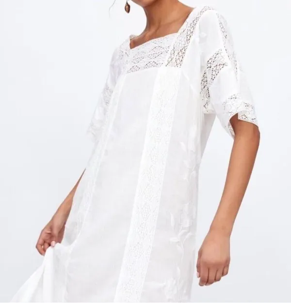 Zara White Embroidered Lace Trim Dress with Side Vents - Image 6