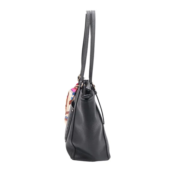 Black Faux Leather Tote Bag with Scarf Accent Gold Hardware Large Shoulder Purse - Image 5