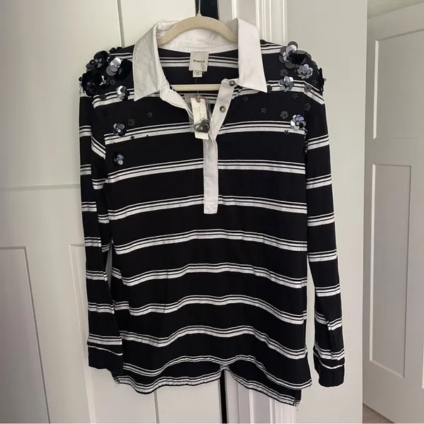 NWT Maeve Anthropologie‎ It Girl Polo Top Black White Stripe Long Sleeve Top - Image 4