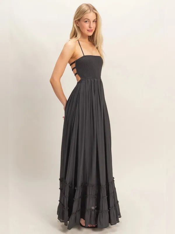 HYFVE Black Halter Smocked Maxi Dress with Tiered Ruffle Hem L - Image 6