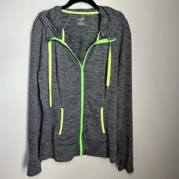 Lukka Hooded Athletic Full Zip Jacket Gray Black Stripes Pockets Thumb Holes XL - Image 9
