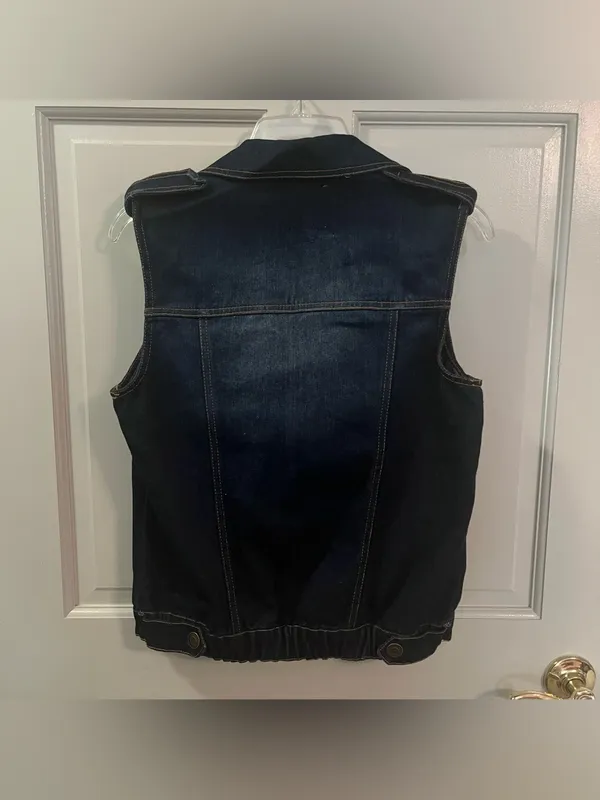 Dolled Up Vintage Women’s Dark-wash Denim Vest with Beaded Embellished Pocket - Image 5