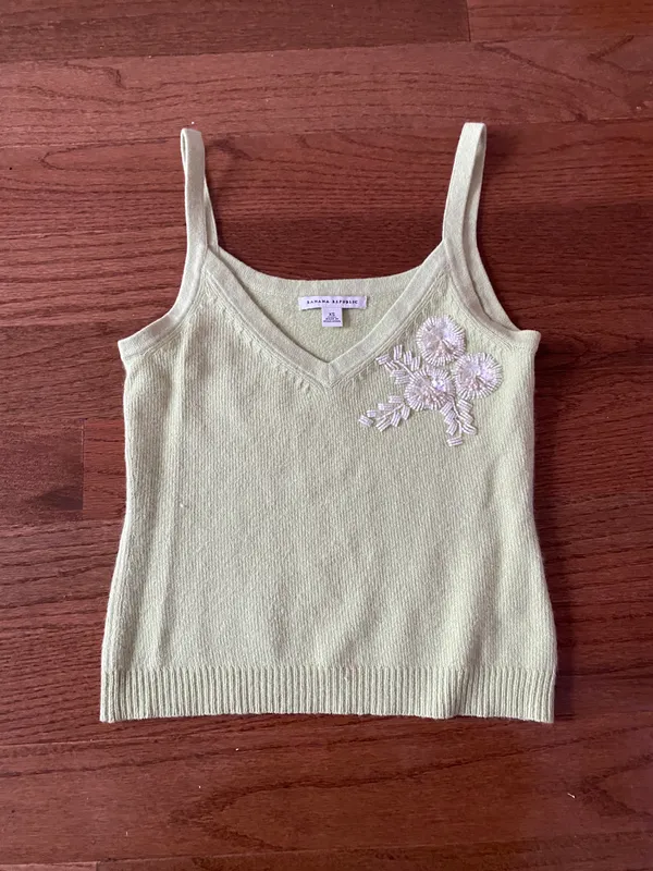 Banana Republic pastel green rabbit fur tank top sweater with paisley embroidery - Image 7