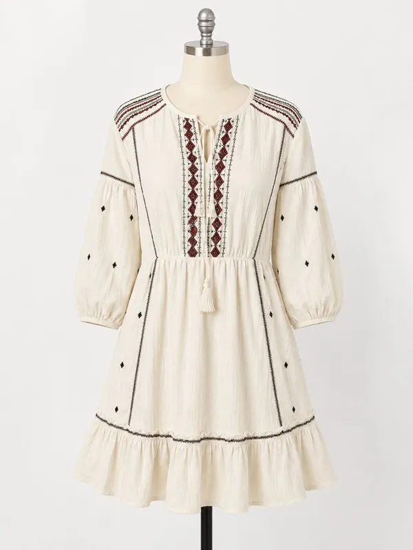 Boutique Skies Are Blue Embroidered Boho Peasant‎ Mini Dress | Size Large - Image 2