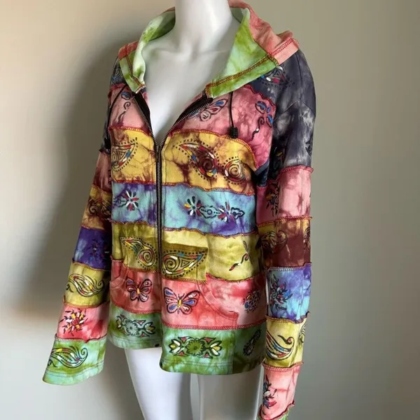Rainbow Patchwork Boho Hippie Tie Dyed Full Zip Hoodie Women’s Size M/L - Image 4