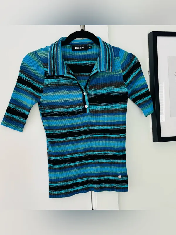 Women's Desigual Striped Knit Tshirt Blue collar size medium - Image 2