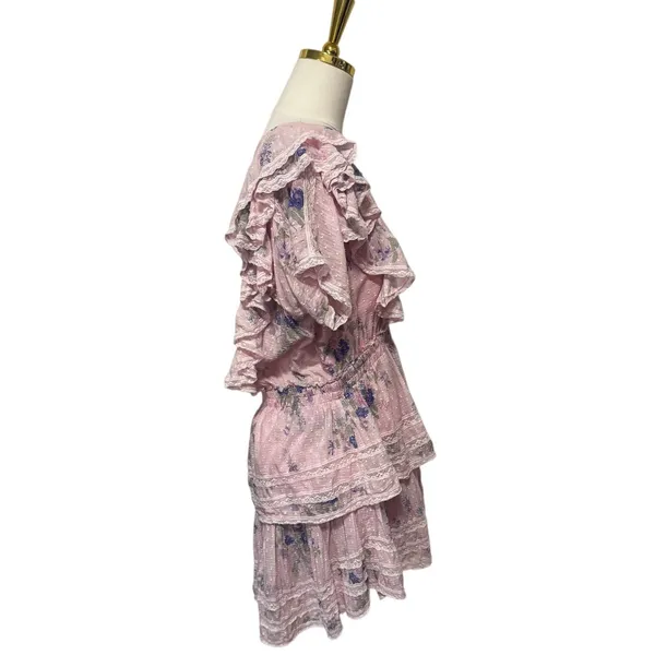 LoveShackFancy "Natasha" Dress in Juicy Plum, Tiered Lace Trim Mini, Size XXL - Image 2