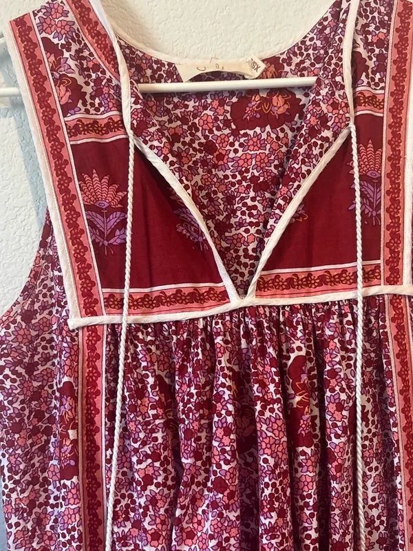 Red pink Floralbl boho Midi Dress with white Trim XS/S - Image 3