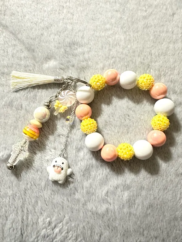Charming Yellow, Peach & White Beaded Wristlet and keychain with Tassel Charm - Image 2