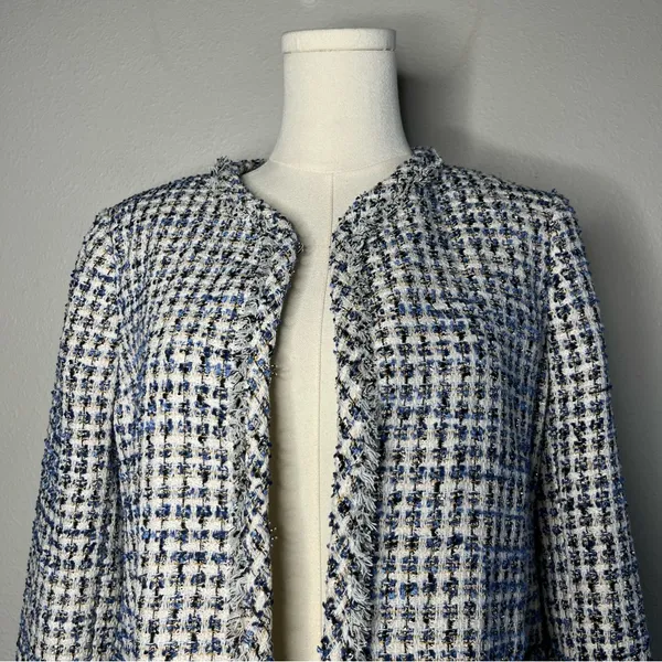 NEW Ann Taylor Blue Tweed Glitter Open Front Fringe Blazer Jacket Preppy Office - Image 4