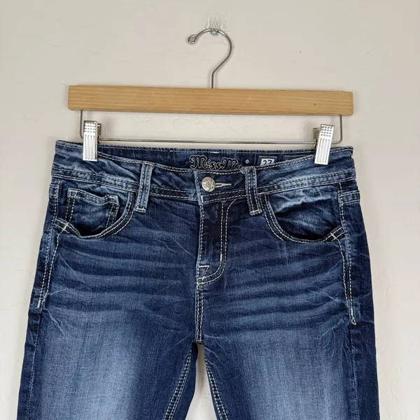 Miss Me Jeans Capri Mid Rise Raw Hem Logo Embellished Festival - Image 5