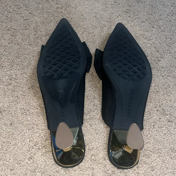 Aerosoles Juju Pointed Toe Mule Bow Gold Metallic Heel‎ Black Fabric 11 - Image 9