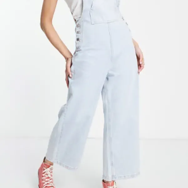 asos Stradivarius cropped wide leg denim dungarees light Blue Denim Overalls - Image 2