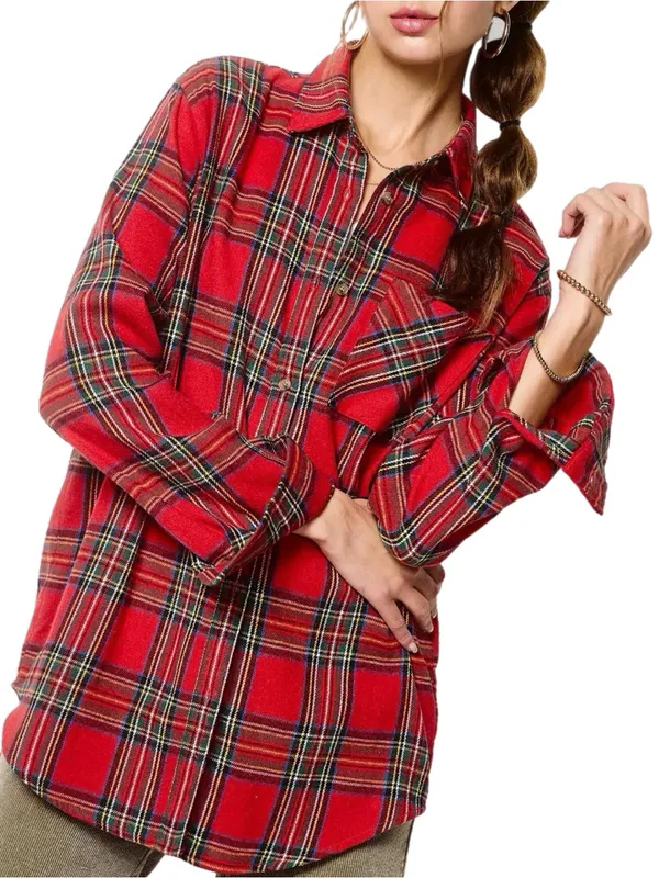 La Miel Plaid Oversized Shirt Red Button Front Long Sleeve Womens Small New - Image 2