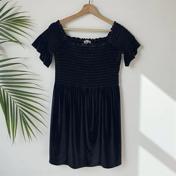 Urban Outfitters Clara Off-The-Shoulder Smocked Velvet Dress in Black - Image 8
