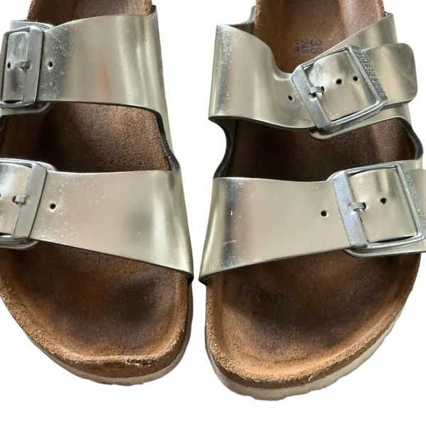 Birkenstock Arizona soft footbed sandals 38 metallic silver leather slides - Image 5