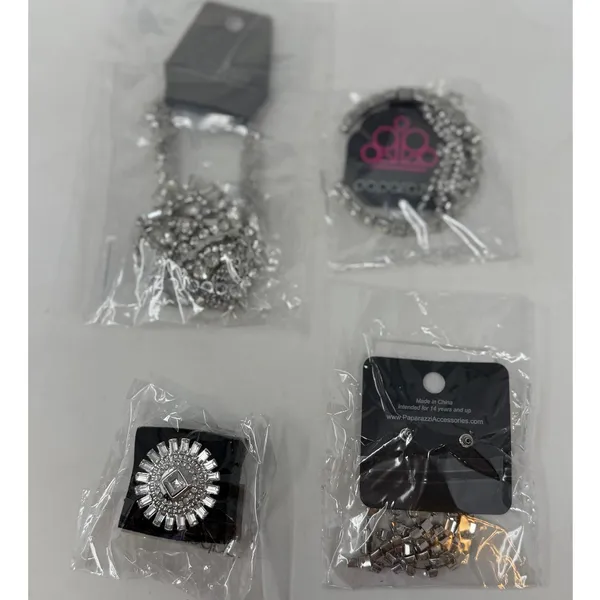 Paparazzi Necklace Bracelet Ring Two Sets of Earrings Silver and Rhinestones - Image 3