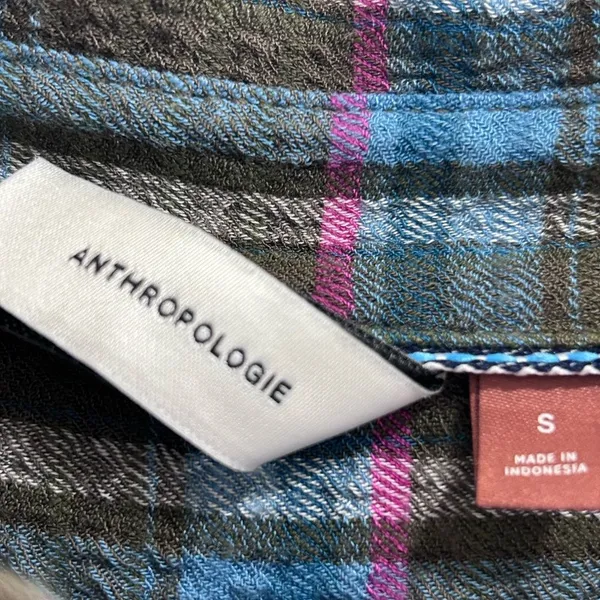 Antropologie Pilcro Women Olive Plaid Shirt with Blue Stripes Size S. - Image 4