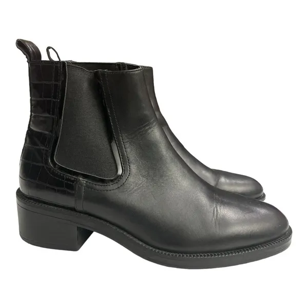ZARA Block Heel Leather Croc Embossed Ankle Chelsea Boots, Black US 7.5 EU 38 - Image 4