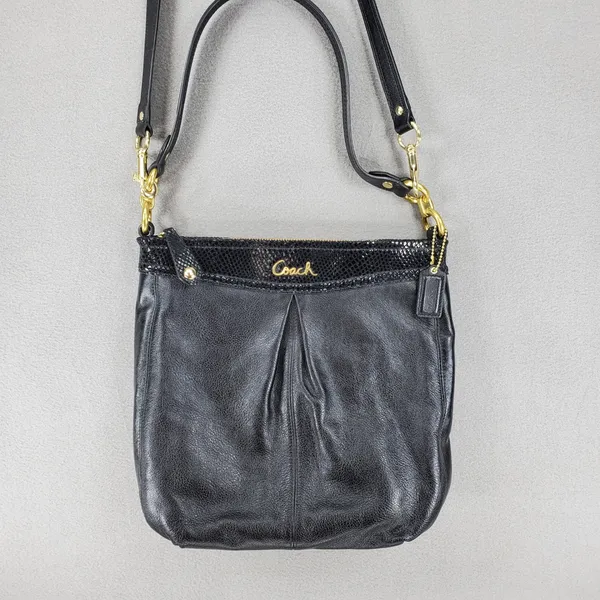 Coach‎ Crossbody Bag Womens Black Leather Snakeskin Trim Gold Hardware F20114 - Image 2