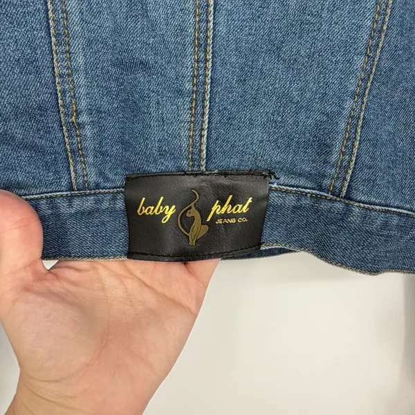 Vintage Baby Phat Y2K Denim‎ Jacket Studded Logo Back Leopard Cuff Jean Jacket - Image 8