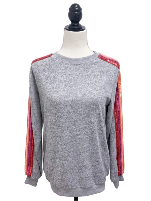 Lola And The Boys Heather Grey Rainbow Sequins Crew Neck Joggers Knit Set Small - Image 3