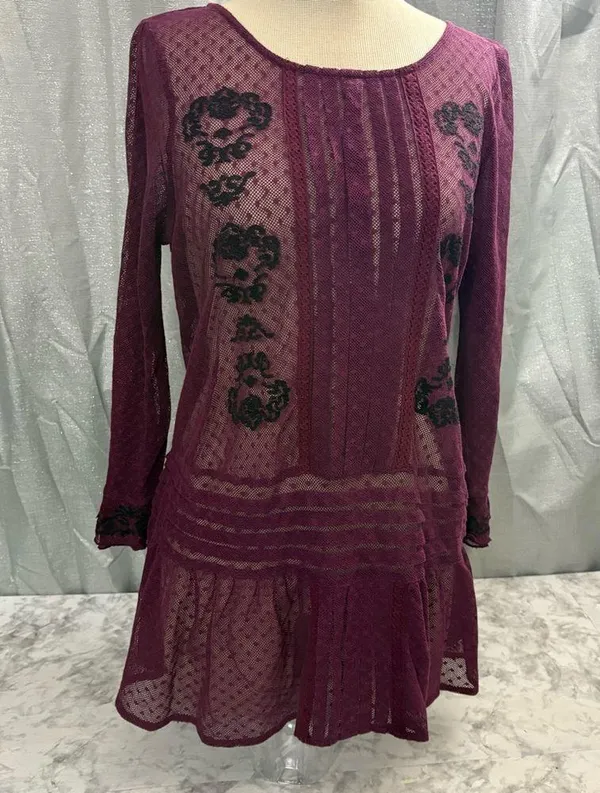 Free People maroon and Black enroidered sheer Jocelyn tunic top - Image 9