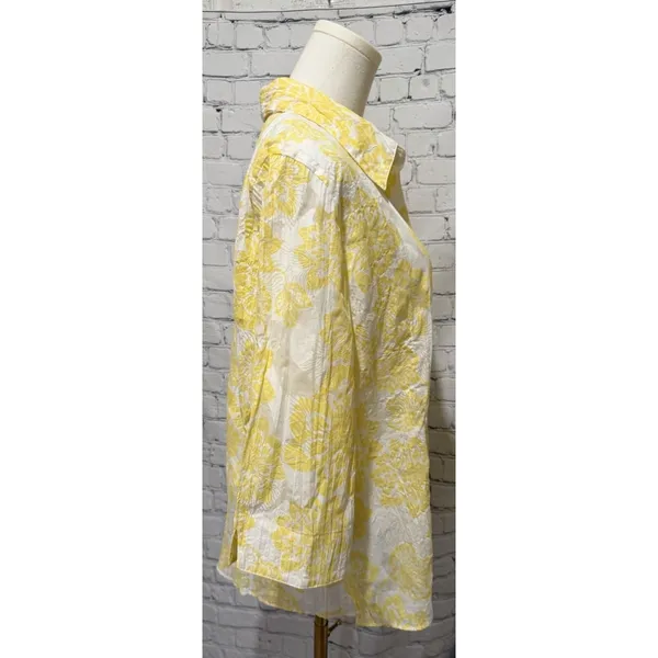 D & Co. QVC Women’s Blouse Size Large Yellow Floral Button Up 3/4 Sleeve Top - Image 3