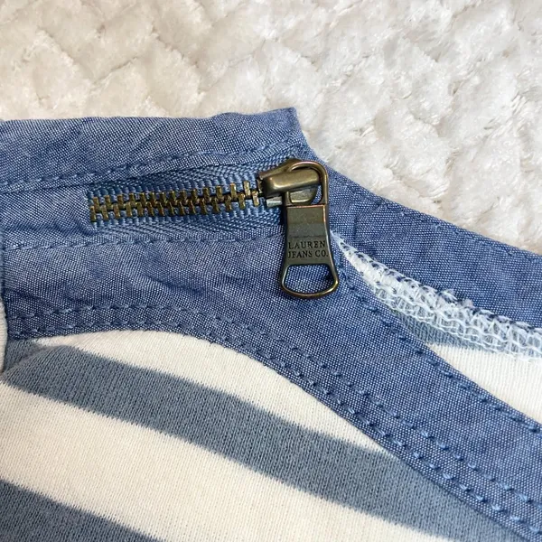 Ralph Lauren Lauren‎ Jeans Co Blue cream striped Knit Top Zip accent Sleeve Shirt women SZ S - Image 9