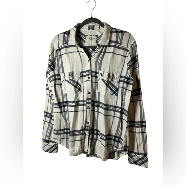 Abercrombie‎ & Fitch Plaid Flannel Shirt Womens M Cream Navy Button Down - Image 2