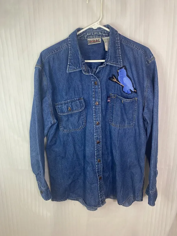Vintage BillBlass Jeans Denim Button Up Shirt XL Bluebird Applique Long Sleeve - Image 5